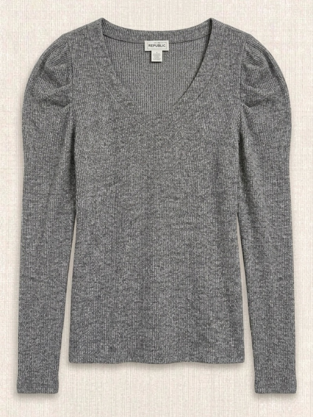 For The Republic Gray Ribbed V-Neck Long Sleeve Top